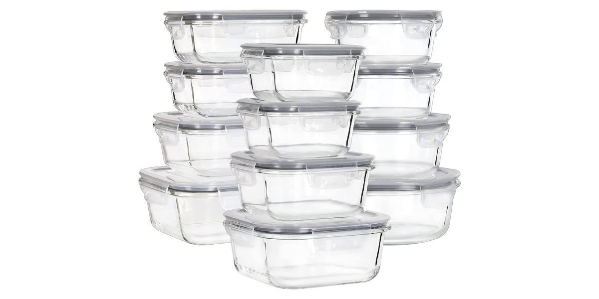 glass food storage containers on white background