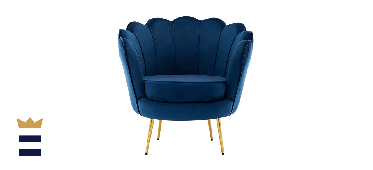 Upholstered Retro Velvet Accent Chair with Golden Metal Legs in Navy Blue