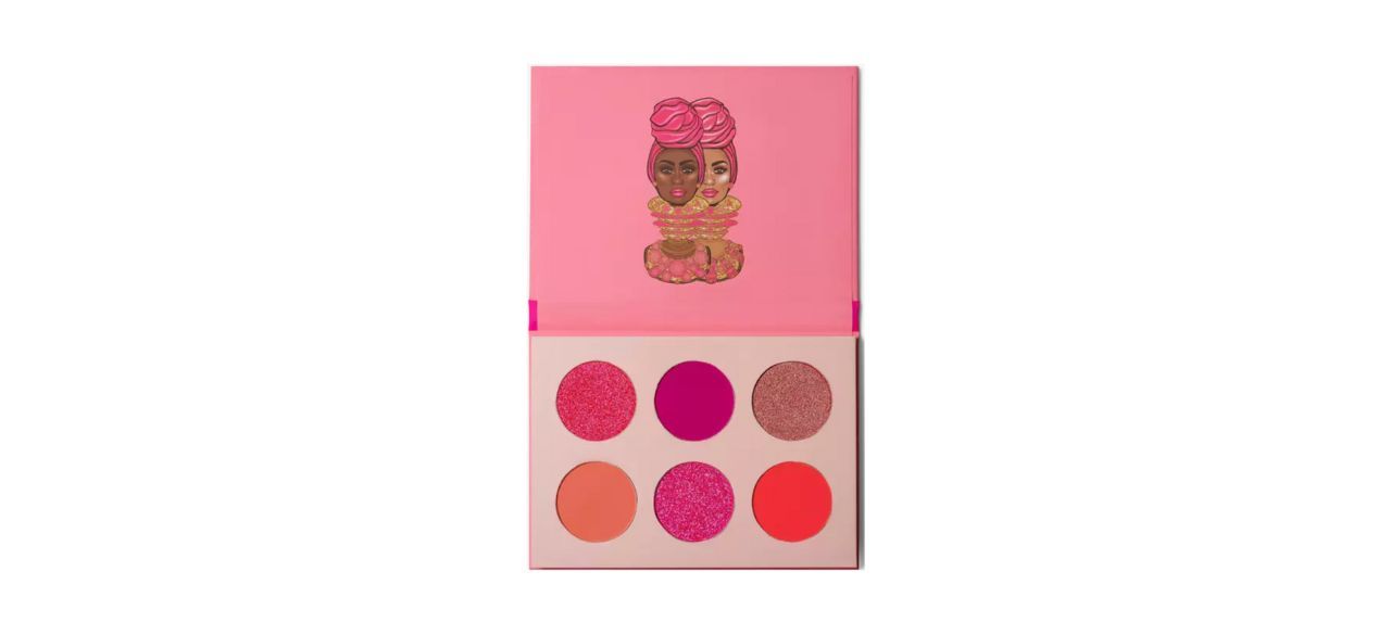 Pink eyeshadow palette with six shades and inside cover art