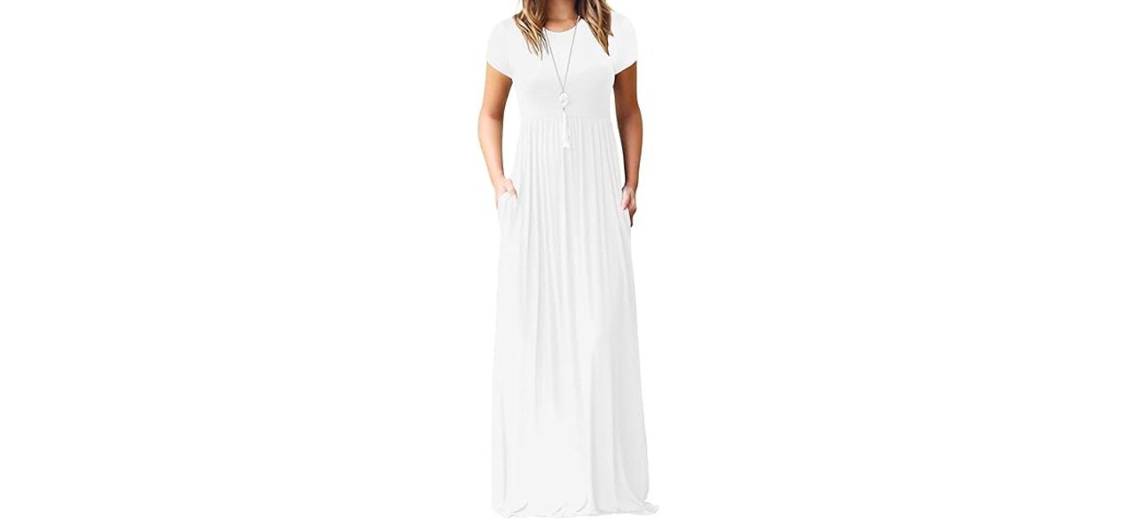 Woman wearing white Short Sleeve Maxi Dress-best-maxi-dresses-for-spring on white background