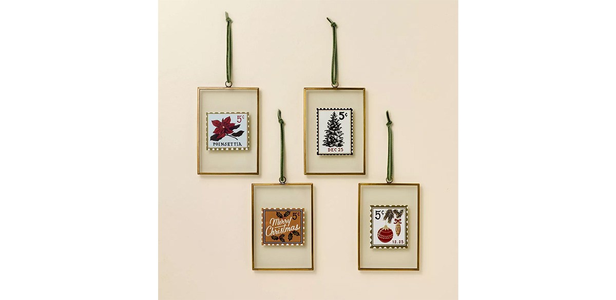 Framed Vintage Stamp Art Christmas Tree Ornaments 