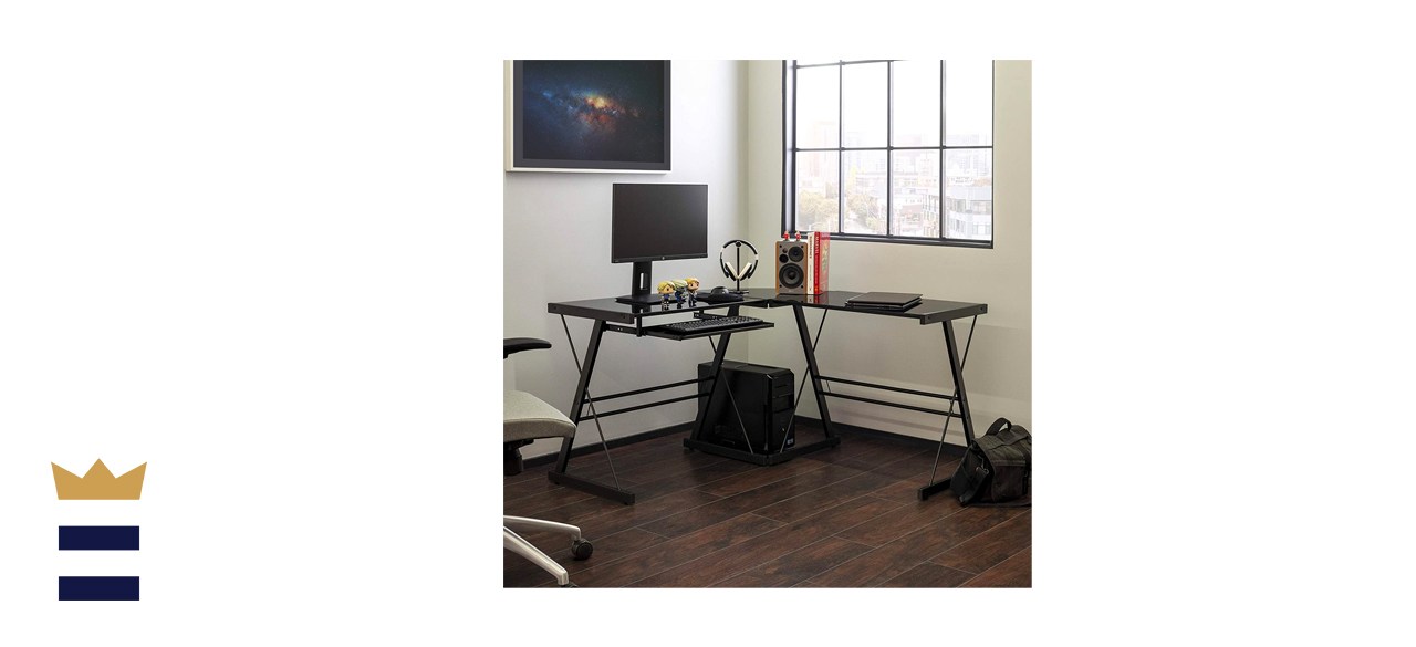 Walker Edison Ellis Modern Glass Top L Shaped Corner Gaming Desk