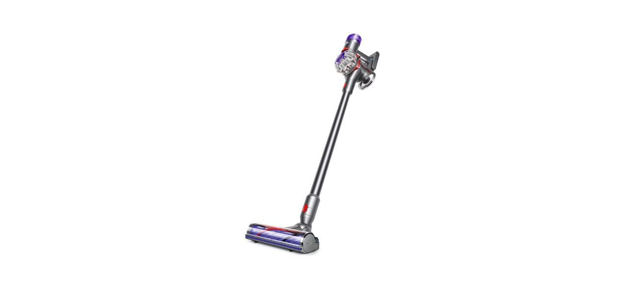 Dyson V8 Cordless Vacuum in silver on white background