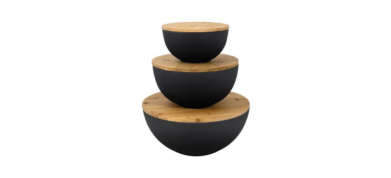 Bremel Home Large Salad Bowl Set of 3 Black Bowls with Wooden Lid Bamboo Fiber Mixing & Storage