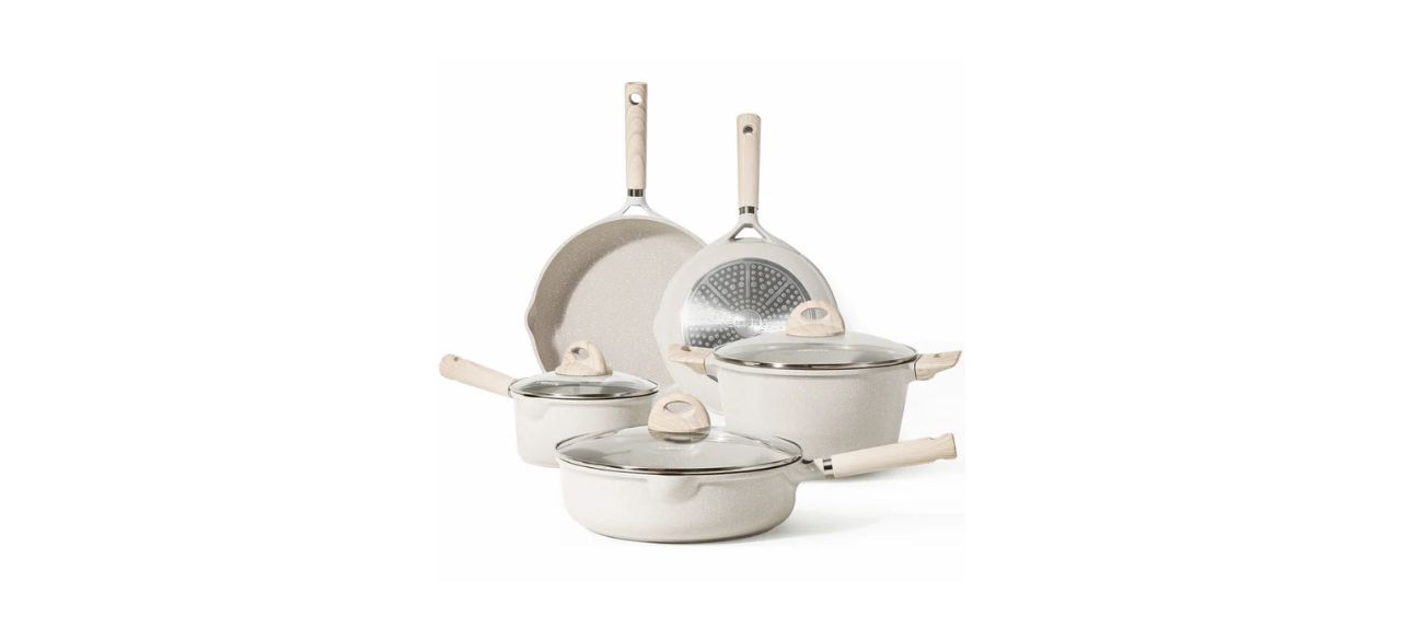 Carote Nonstick Pots and Pans Set, 8 Pcs Induction Kitchen Cookware Sets (Beige Granite) on white background