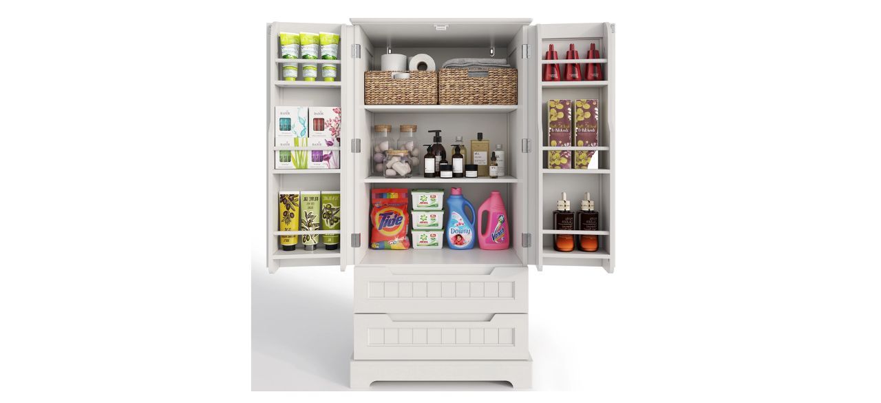 white pantry storage cabinet with various pantry goods in it