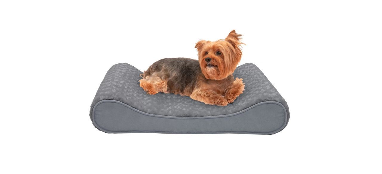 a large, plush gray pillow with a dog lying on it