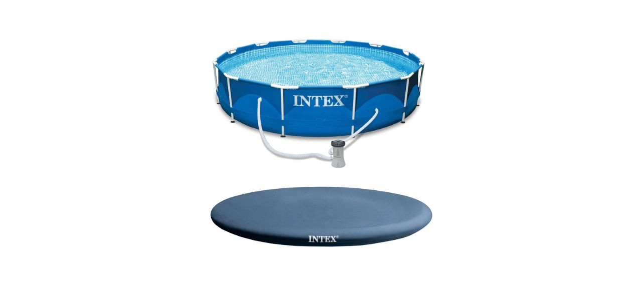 Intex 12-foot by 30-inch Metal Frame Round Swimming Pool and cover on white background