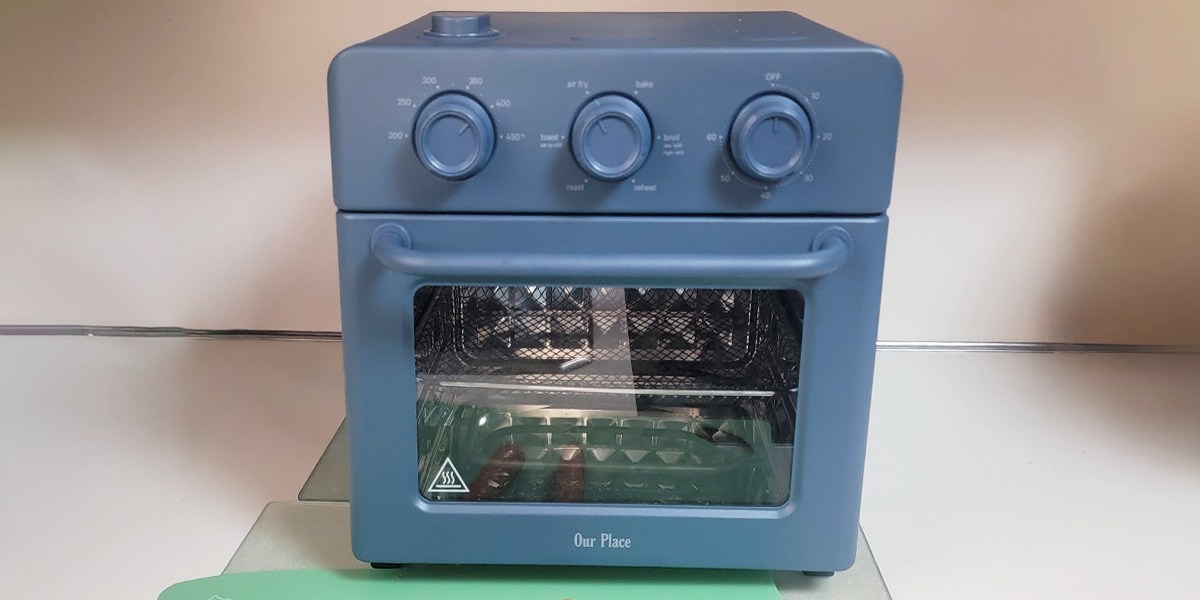 Blue air fryer on kitchen counter