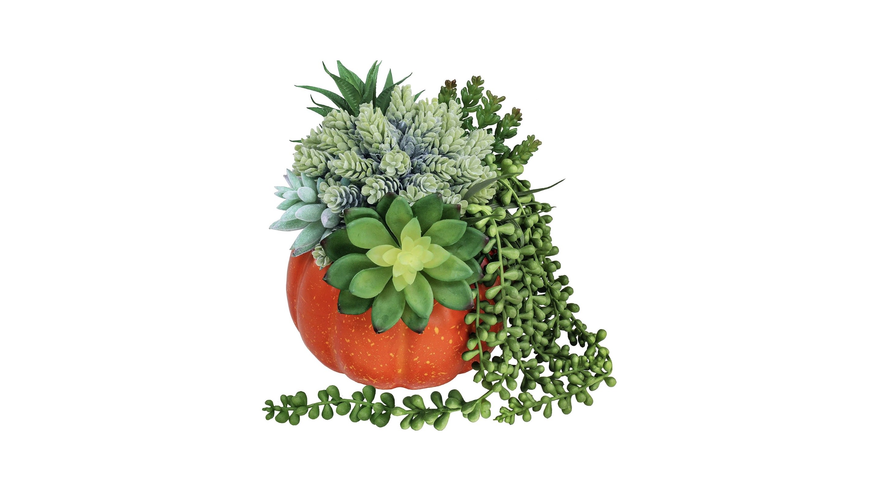 a faux orange pumpkin with artificial green succulents stuffed inside it