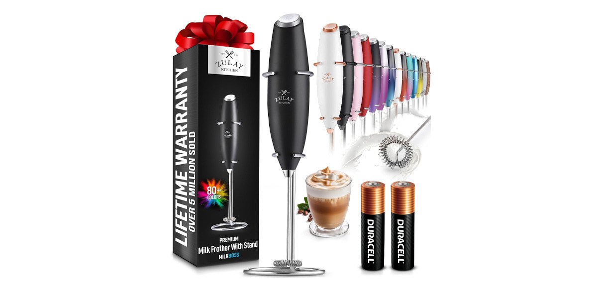 Zulay Kitchen Powerful Milk Frother Wand With 2 Duracell Batteries - Ultra Fast Handheld Drink Mixer - Electric Whisk Foam Maker for Coffee Lattes Cappuccino Matcha Hot Chocolate & Creamer - Black on white background