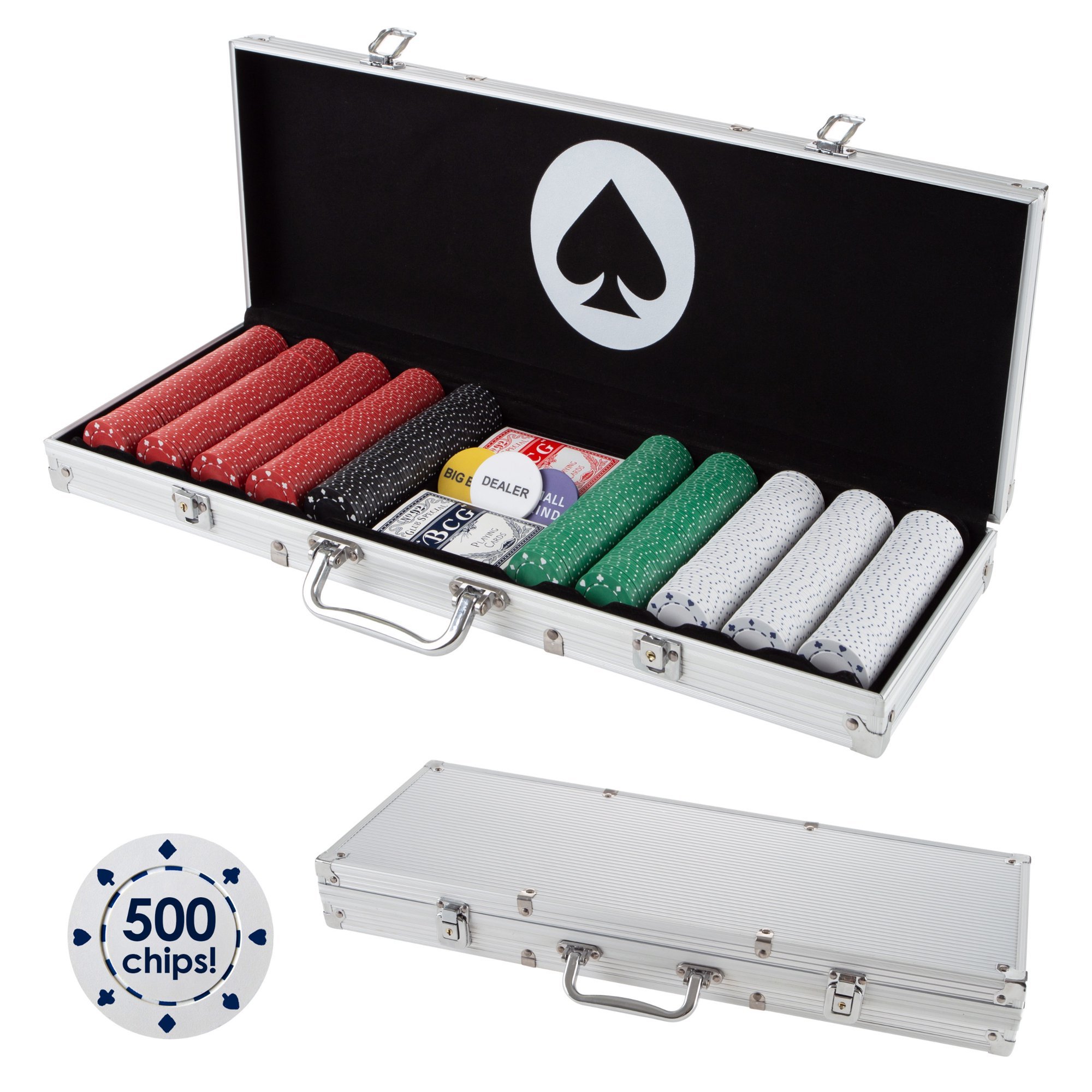  DA VINCI Set of 500 11.5 Gram Poker Chips with Aluminum Case,  3 Dealer Buttons, 2 Decks of Playing Cards and 2 Cut Cards : Toys & Games