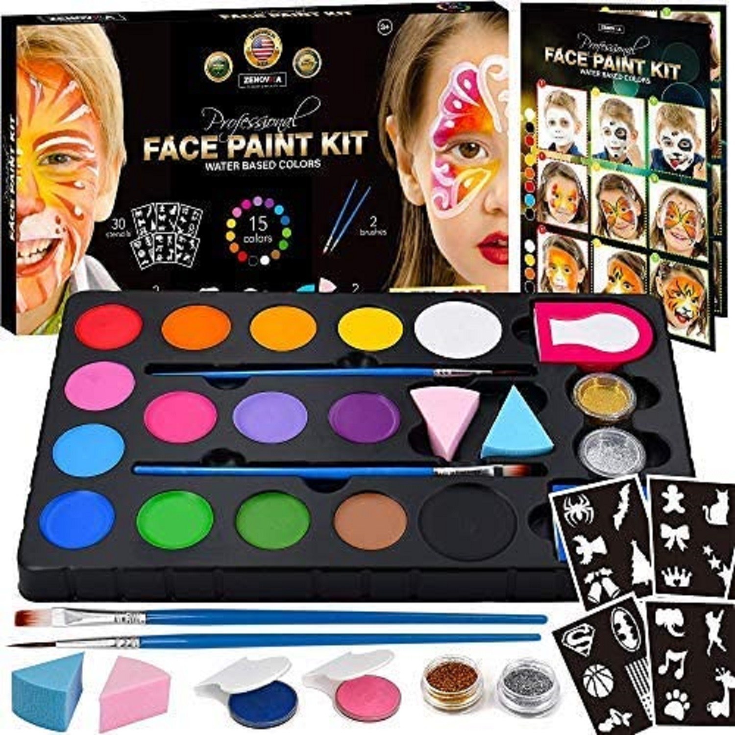  Zenovika Face Painting Kit for Kids - Non-Toxic and  Hypoallergenic Face Paint Kit with 24 Colors, Stencils, Book, and  Professional Halloween Makeup Kit - Safe and Easy to Use Face Paint