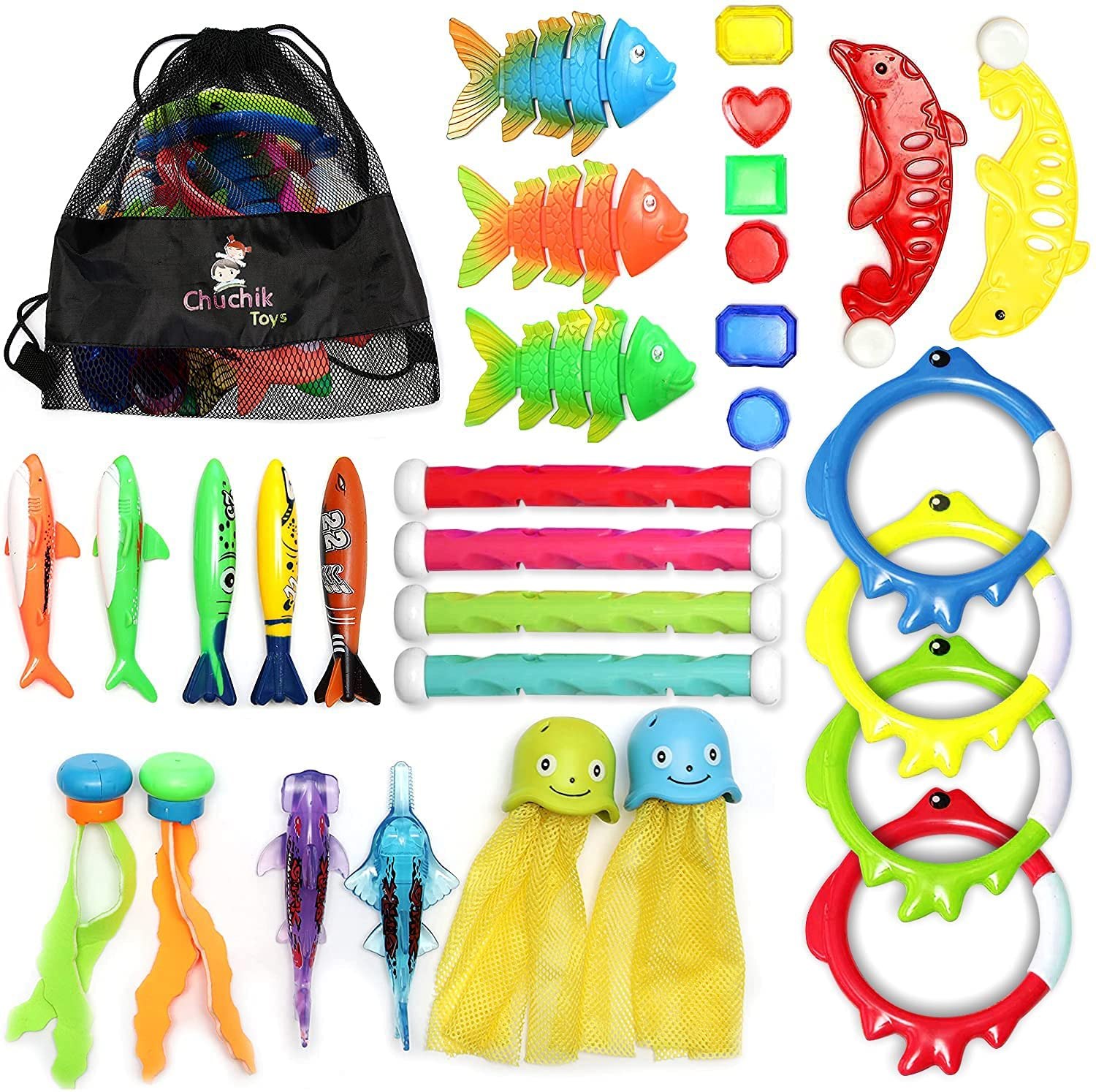 heytech 17 Pack Dive Pool Toys Blaster Torpedo Dive Rings and Diving Sticks Pool Dive Toy Set Gift 4 Water Blasters 