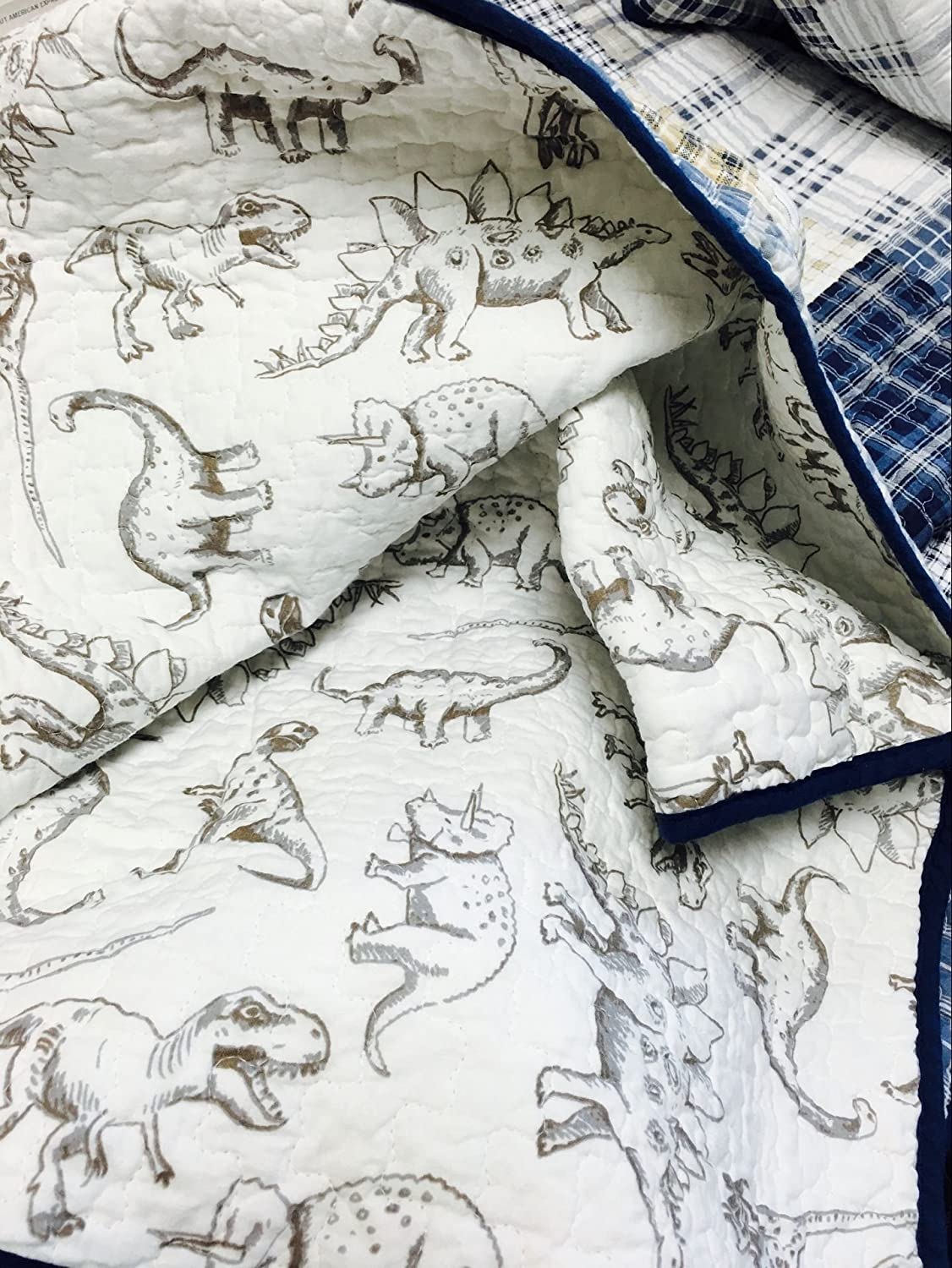 Cozy Line Home Fashions Benjamin Cute Dinosaur Plaid Printed Pattern Quilt Set