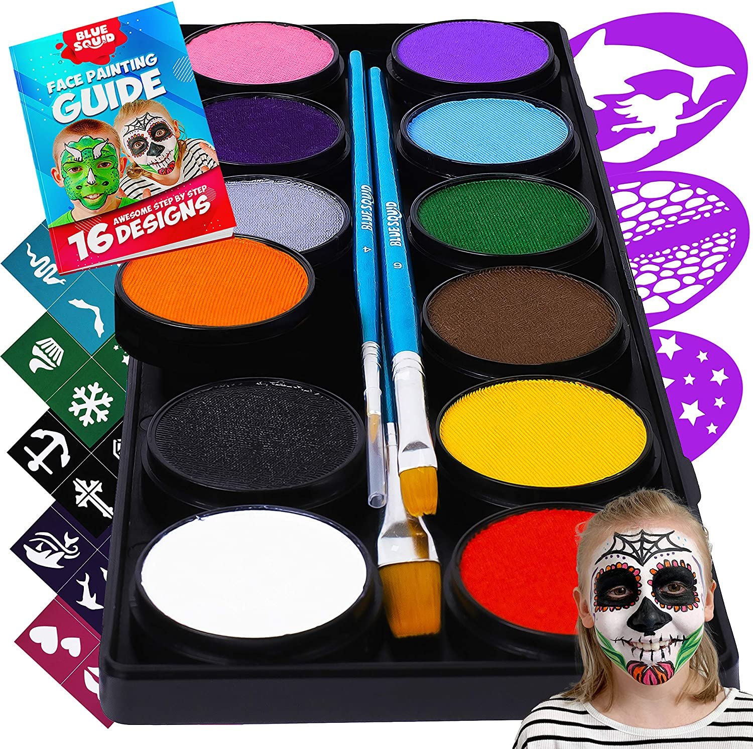 Zenovika Face Paint Kit for Kids - 60 Jumbo Stencils, 15 Large Water Based Paints, 2 Glitters - Halloween Makeup Kit, Professional