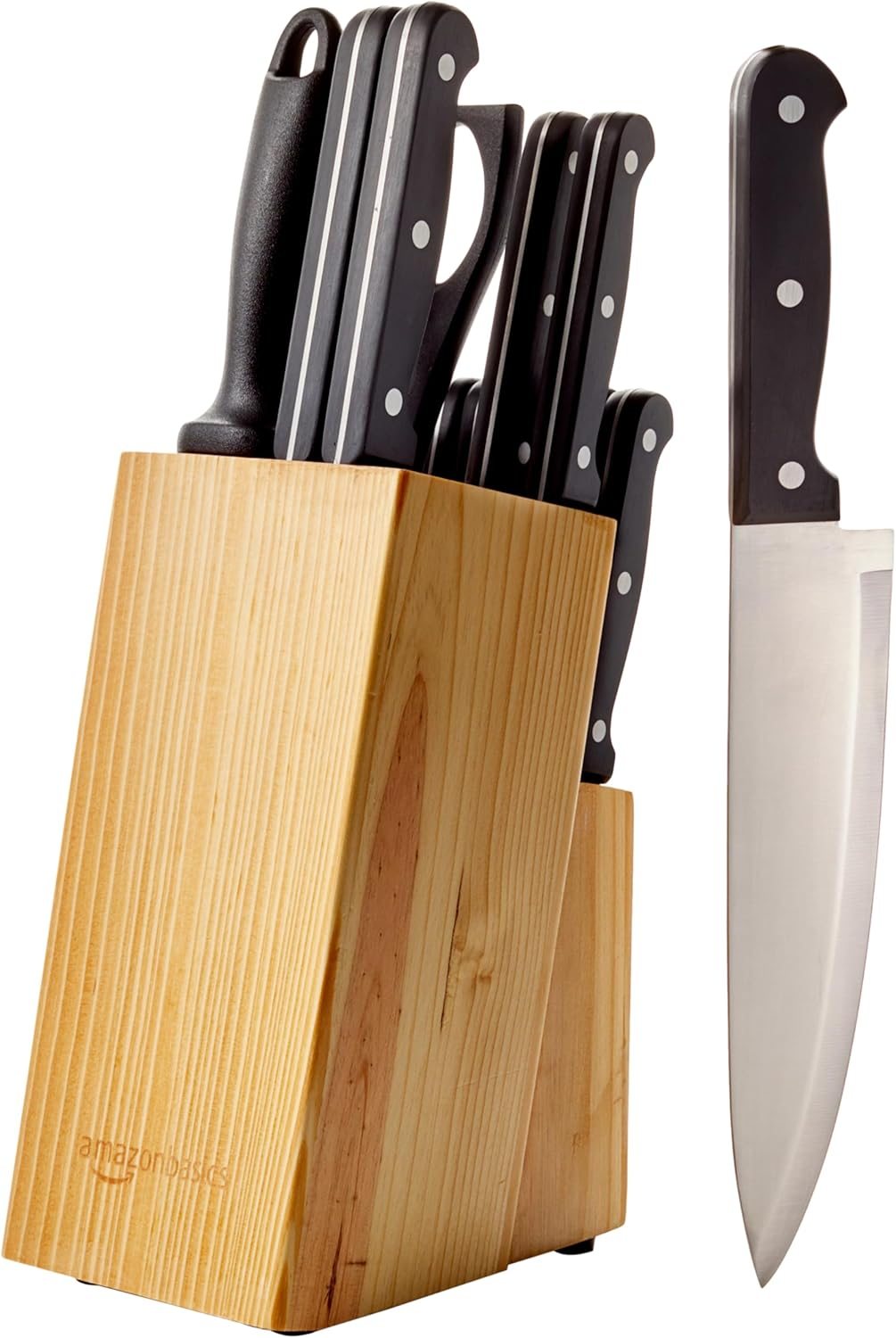 Amazon Basics 14-Piece High Carbon Stainless Steel Knife Set with Sharpener and Pinewood Block