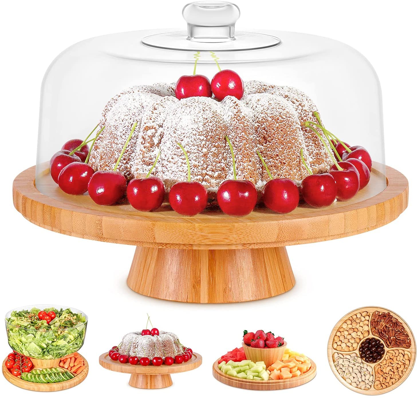 Homeries Bamboo Cake Stand with Clear Acrylic Dome Cover