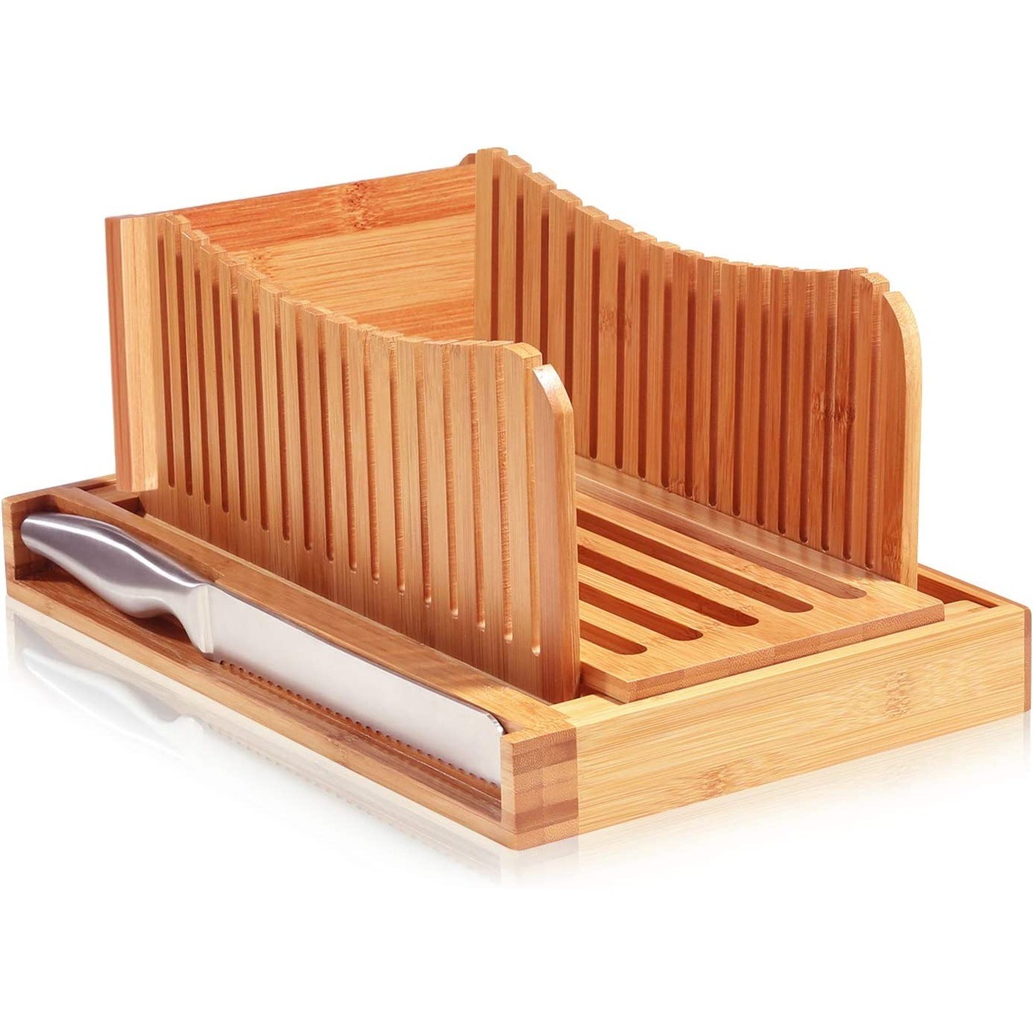 Mama's Great 2023 Updated Bamboo Bread Slicer for Homemade Bread - Ecofriendly, Compact & Foldable - Adjustable Slicing Guides with Sturdy Wooden