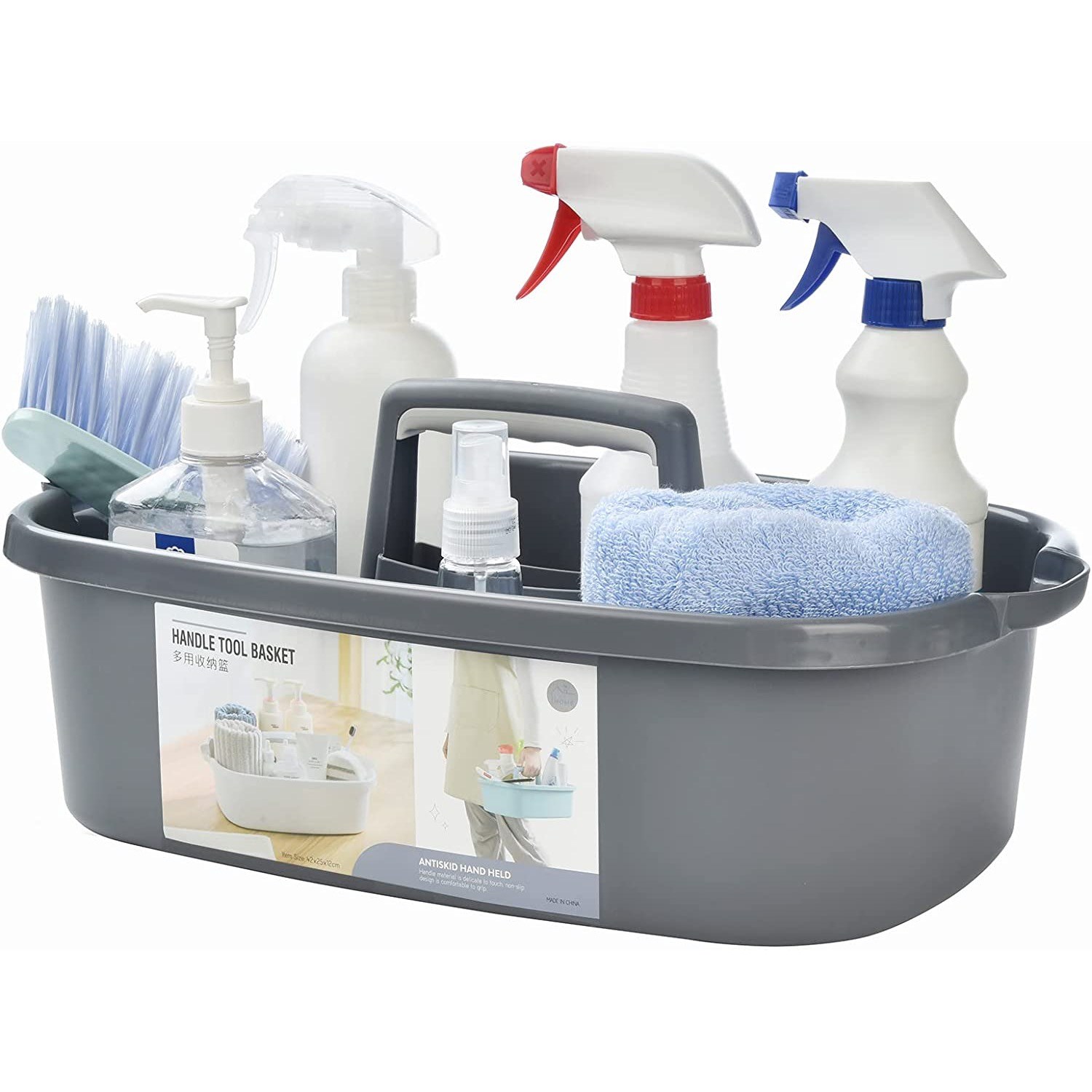 Cleaning Caddy Organizer with Handle, Gray Plastic Bucket for Cleaning  Supplies