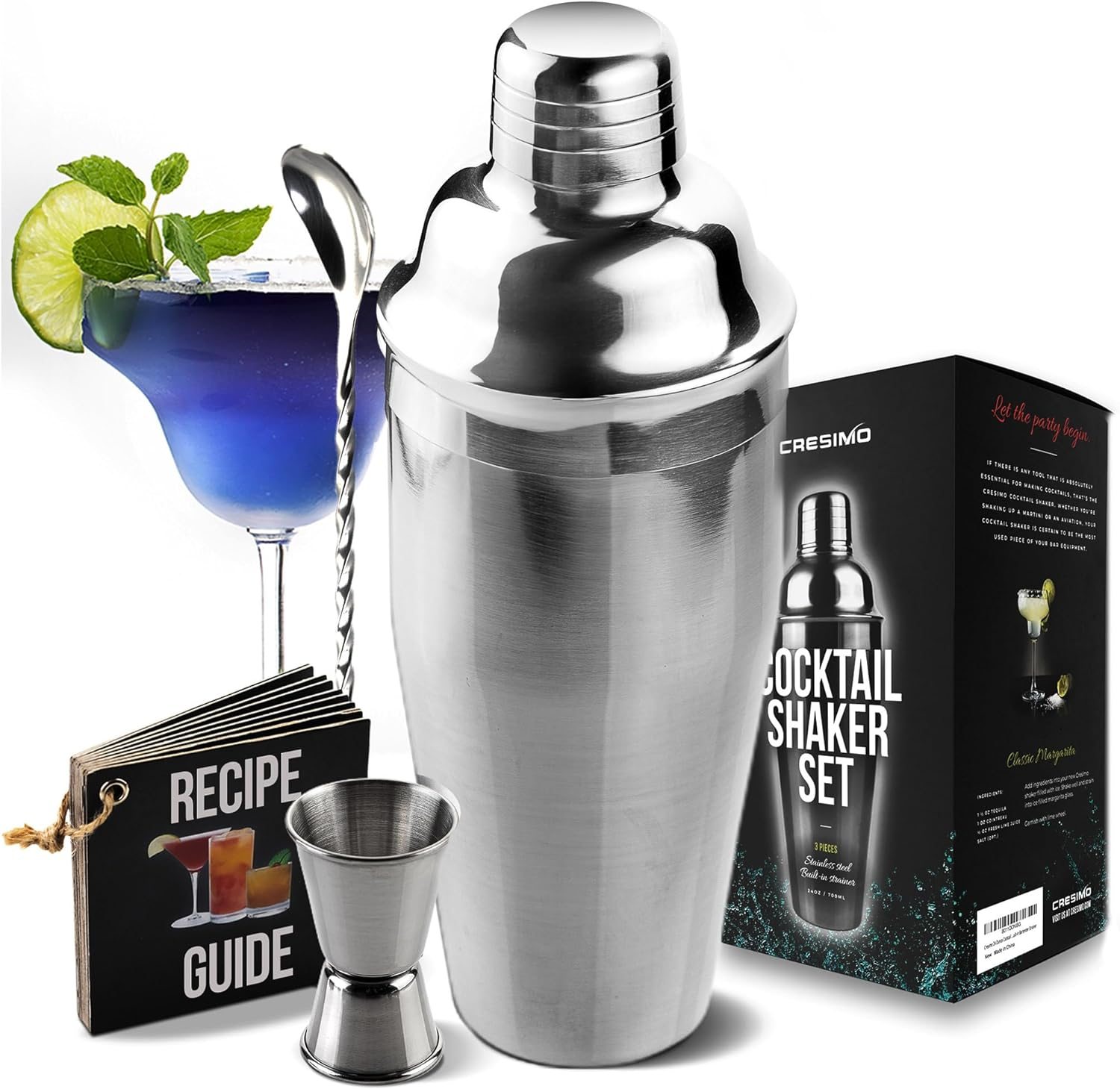 Simple Modern Cocktail Shaker Set with Jigger Lid | Stainless Steel Boston Shaker Insulated Martini Mixer for Mocktails | 20oz | Simple Stainless