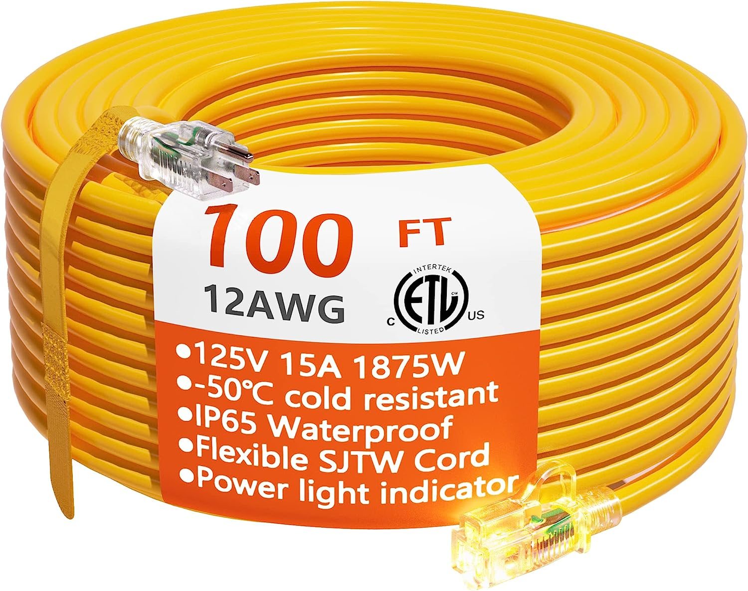 75 Foot Lighted Outdoor Extension Cord - 10/3 SJTW Yellow 10 Gauge Ext -  iron forge tools