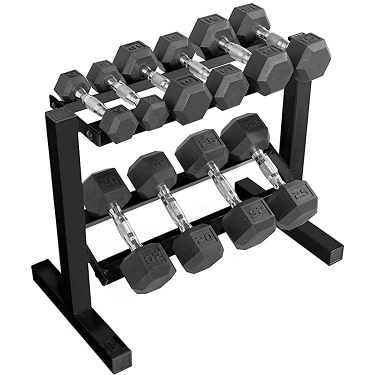 WF Athletic 5-25 lb Rubber Coated Hex Dumbbell w/ Two-Tier Storage Rack