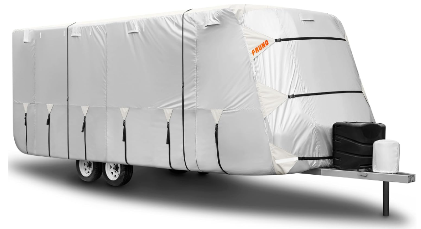 FRUNO Oxford Cloth Travel Trailer RV Cover 27'8-30' Waterproof  Rip-Resistant Anti-UV Camper Cover for Winter Snow with Jack Cover 4 Tire  Covers and