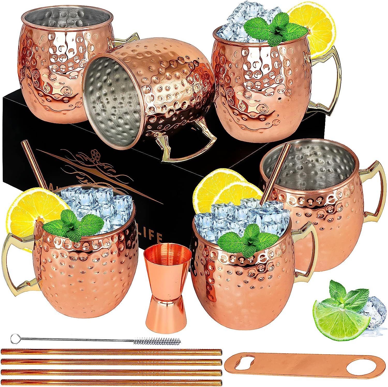 Benicci Moscow Mule Copper Mugs - Set of 2 - 100% Handcrafted - Food Safe Pure Solid Copper Mugs - 16 oz Gift Set with Bonus - Highest Q