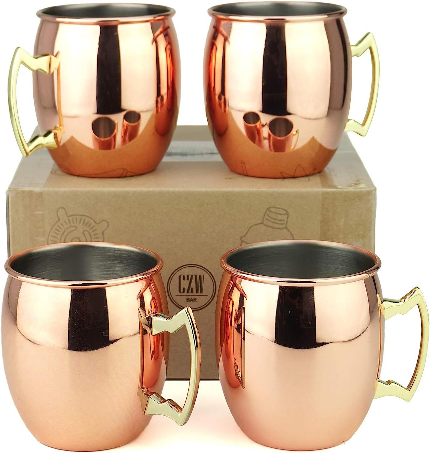 Moscow Mule Copper Mugs with Handles (4-Pack) 1 Shot Glass Classic Drinking  Cup Set Home, Kitchen, Bar Drinkware Helps Keep Drinks Colder, Longer