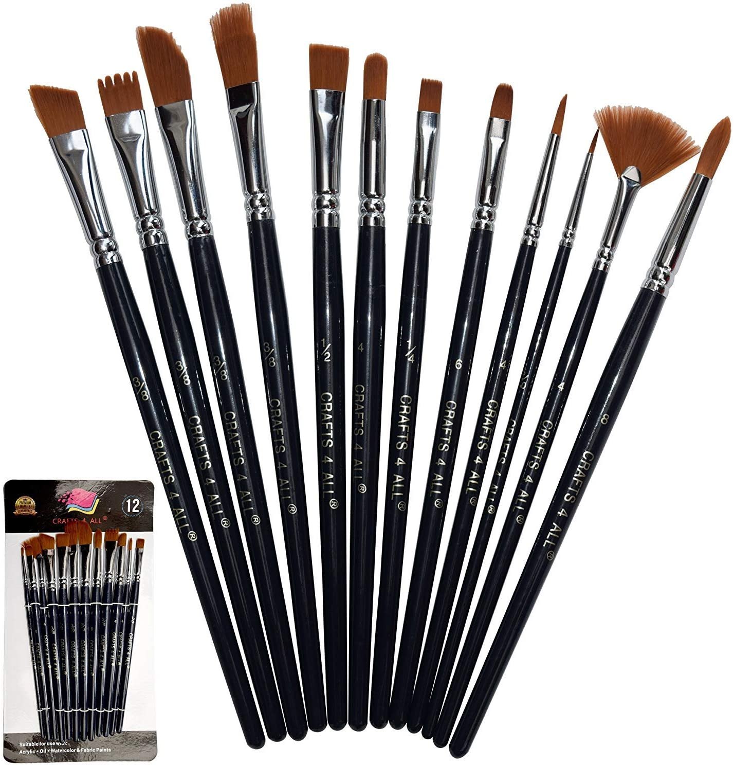 Crafts 4 ALL Paint Brushes, 12 Piece Set, Nylon Hair