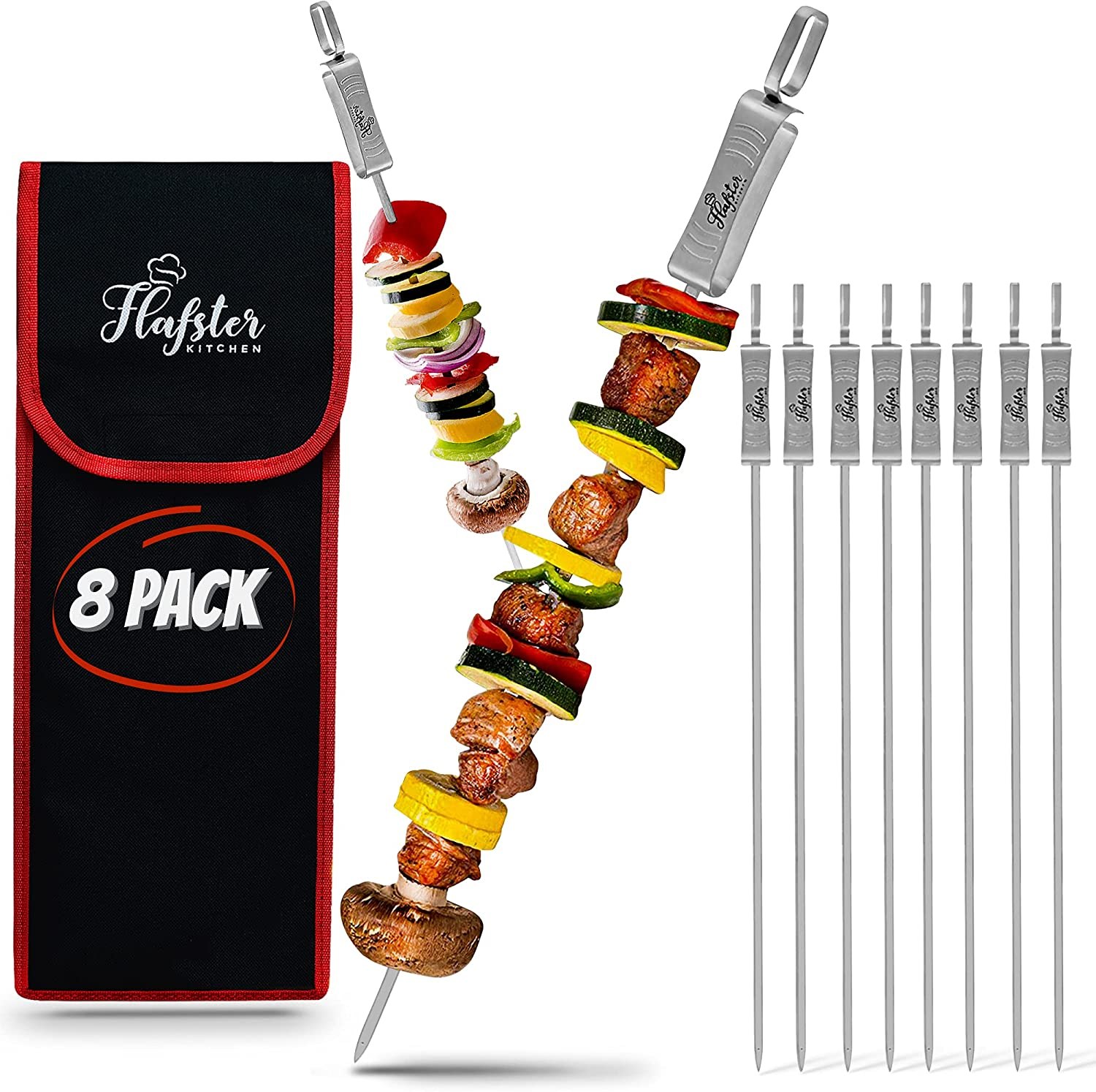 Flafster 8 Pack of Long Flat Steel Skewers with Storage Bag