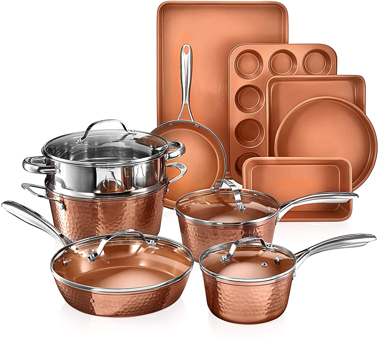 Mueller Ultraclad Copper Pots and Pans Set, Heavy-Duty Ceramic Non-Stick  14-Piece Cookware (Dark Grey)-New 