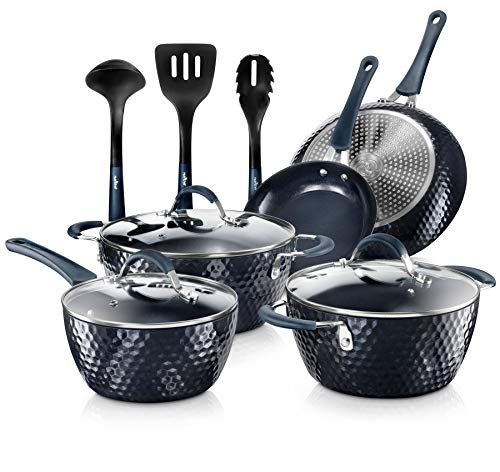 Luxury Cast Aluminum Complete Cookware Set < Premium Design > - Nonstick,  All Stovetops (Matrix) (Induction) (11 Pcs - Black)