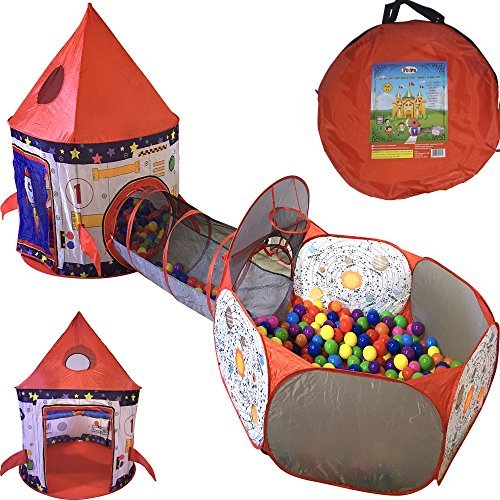Playz 3-Piece Rocket Ship Astronaut Kids&#039; Play Tunnel &amp; Ball Pit with Basketball Hoop