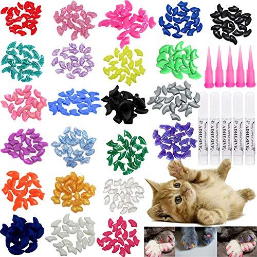WILLBOND 200 Pieces 20 Color Cat Claw Caps with 10 Pcs Adhesive Glues and  10 Pcs Applicators Cat Claw Covers Cat Nail Tips with Instruction for Pets